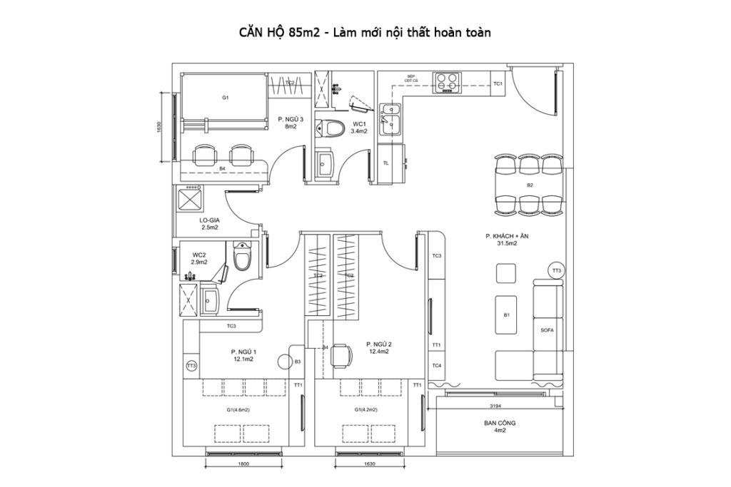 CĂN HỘ 85m2 - Làm mới nội thất hoàn toàn