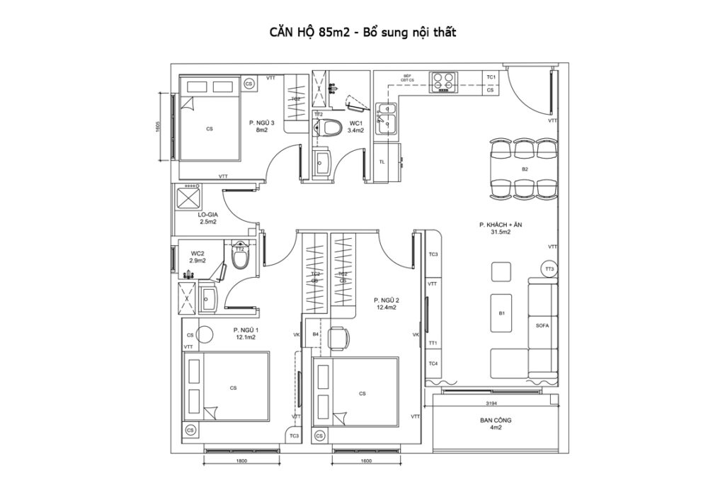 CĂN HỘ 85m2 - Bổ sung nội thất có sẵn