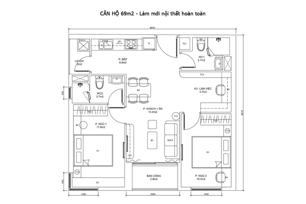 CĂN HỘ 69m2 - Làm mới nội thất hoàn toàn