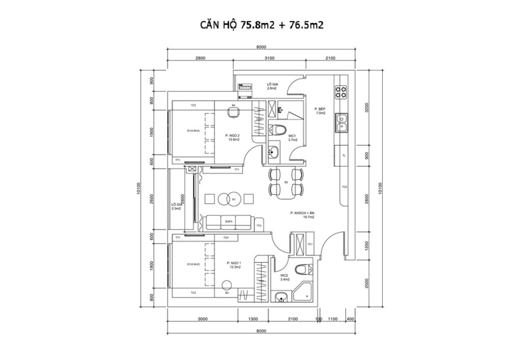 CĂN HỘ 75.8m2 + 76.5m2