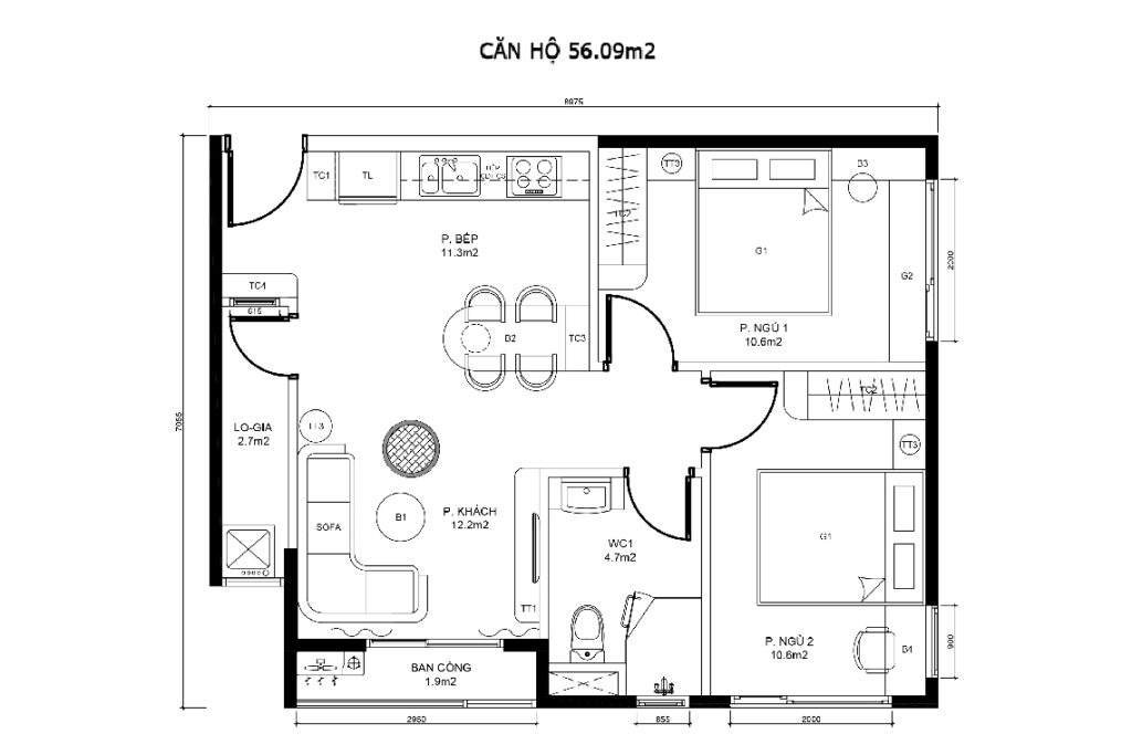 CĂN HỘ A2 - 56.09m2
